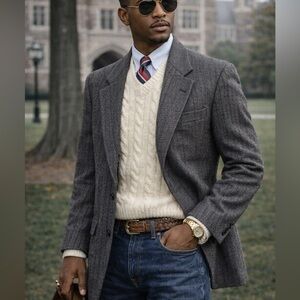 Vintage Pierre Cardin Wool Herringbone Blazer Grey Black Made USA Union Tag